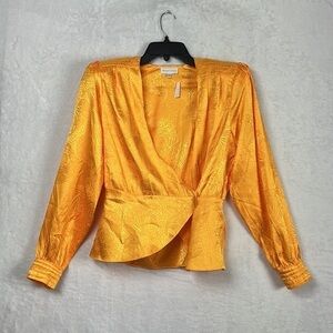 Ronny Kobo Wrap Lorie Satin Jacquard Long Sleeve Yellow Gold Blouse Top
